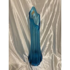 Vtg LE Smith Swung Vase Simplicity Blue Ribbed Glass 21"  MCM Original Sticker